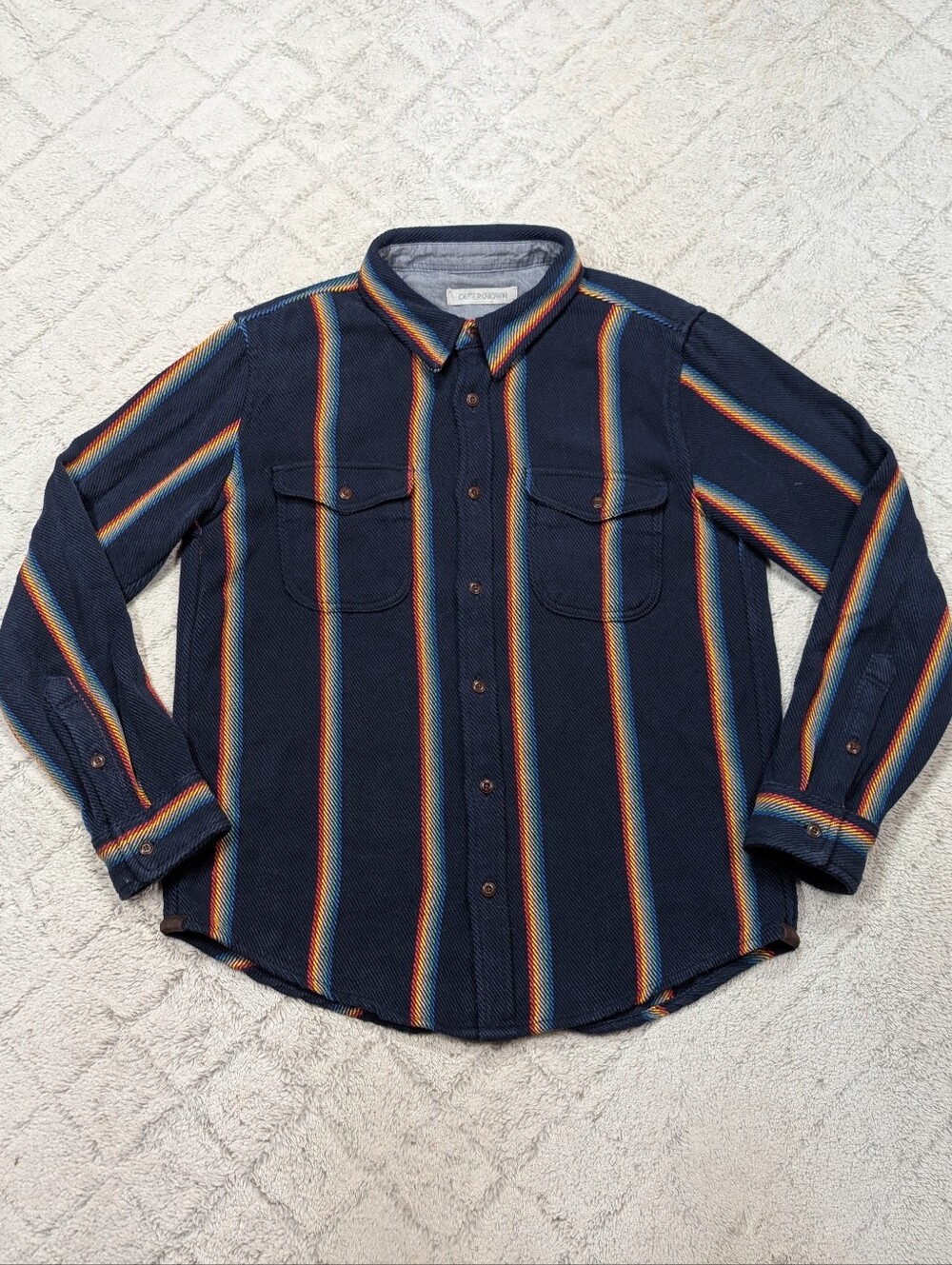 Outerknown Shirt Mens L Blue Marine Rainbow Stripe Blanket Cotton Button Up